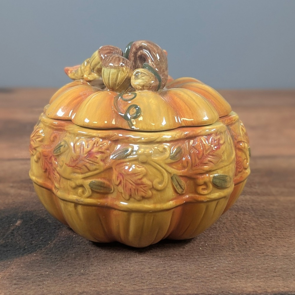 Pumpkin‎ Trinket Box Fall Decor Autumn Leaves Acorns Ceramic Container